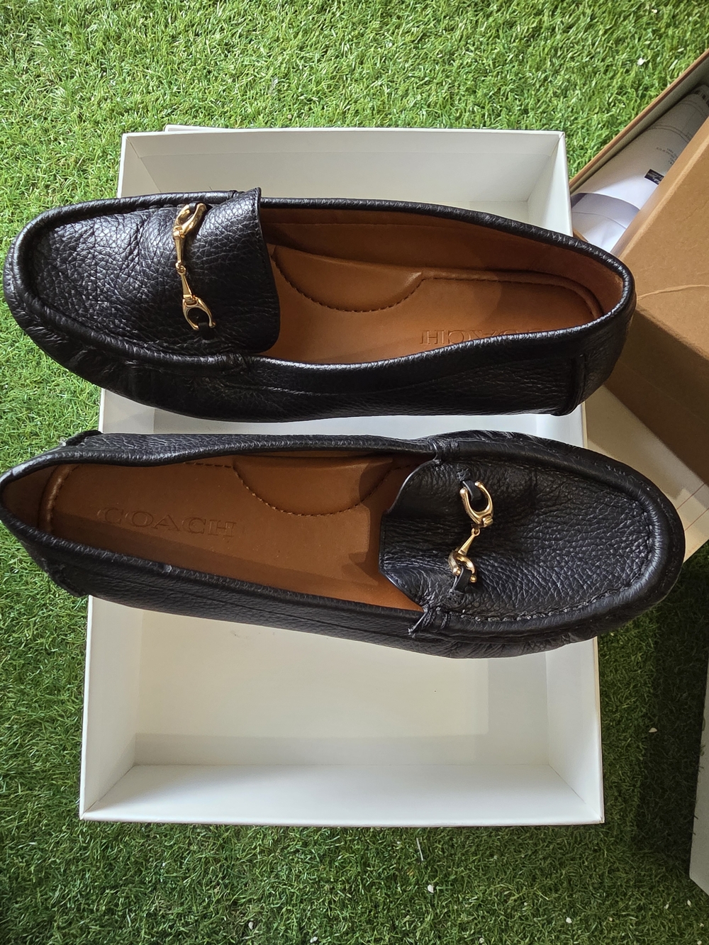 Coach Black Pebble Leather Women's Moccasin Loafers with Gold Bit - Picture 3 of 4